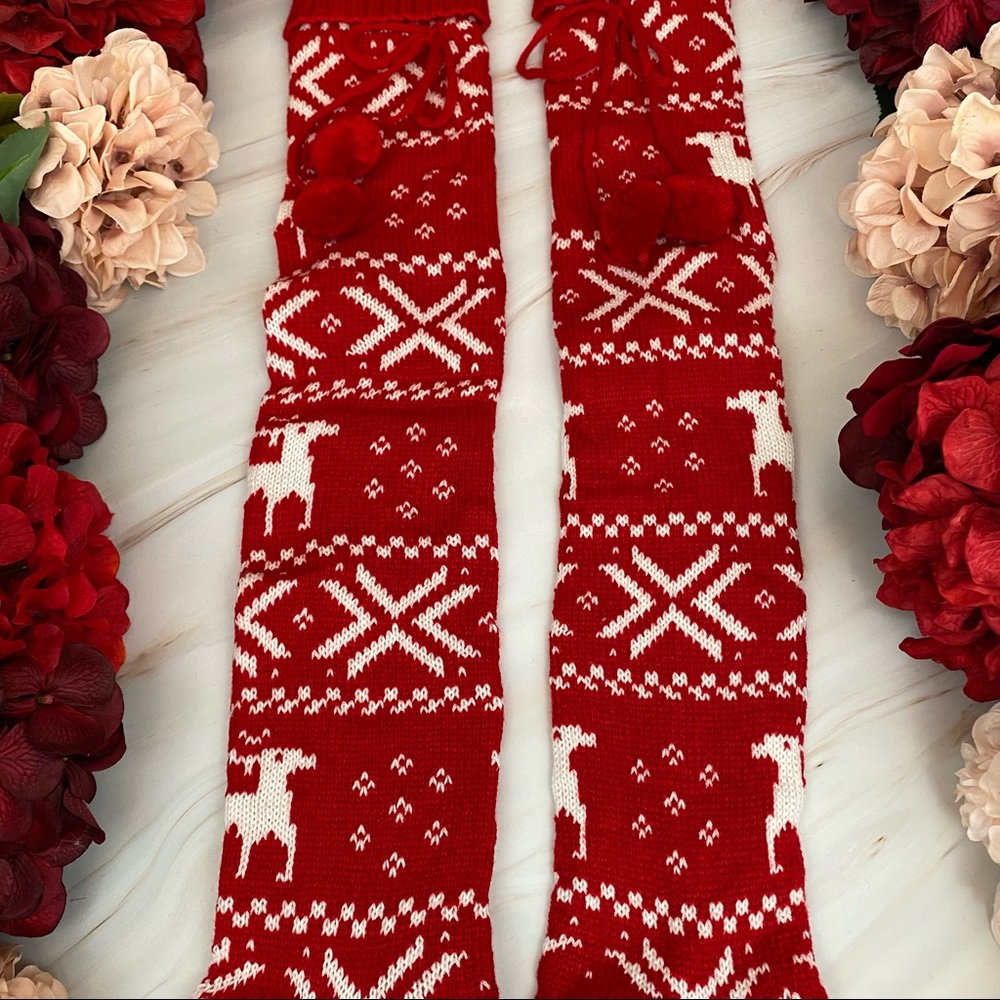Sexy Over the Knee Red Knit Reindeer Snowflake Socks with Pom Poms - Picture 6 of 15